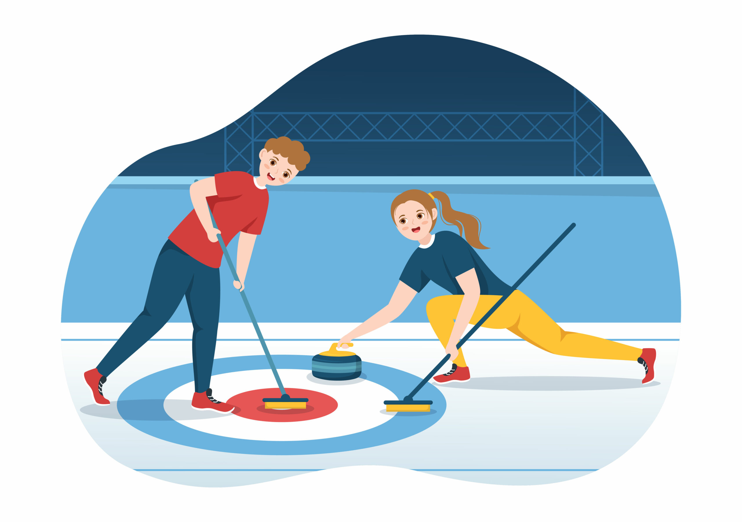 Curling Sport Illustration with Team Playing Game of Rocks and Broom in Rectangular Ice Ring in Championship Flat Cartoon Hand Drawn Template